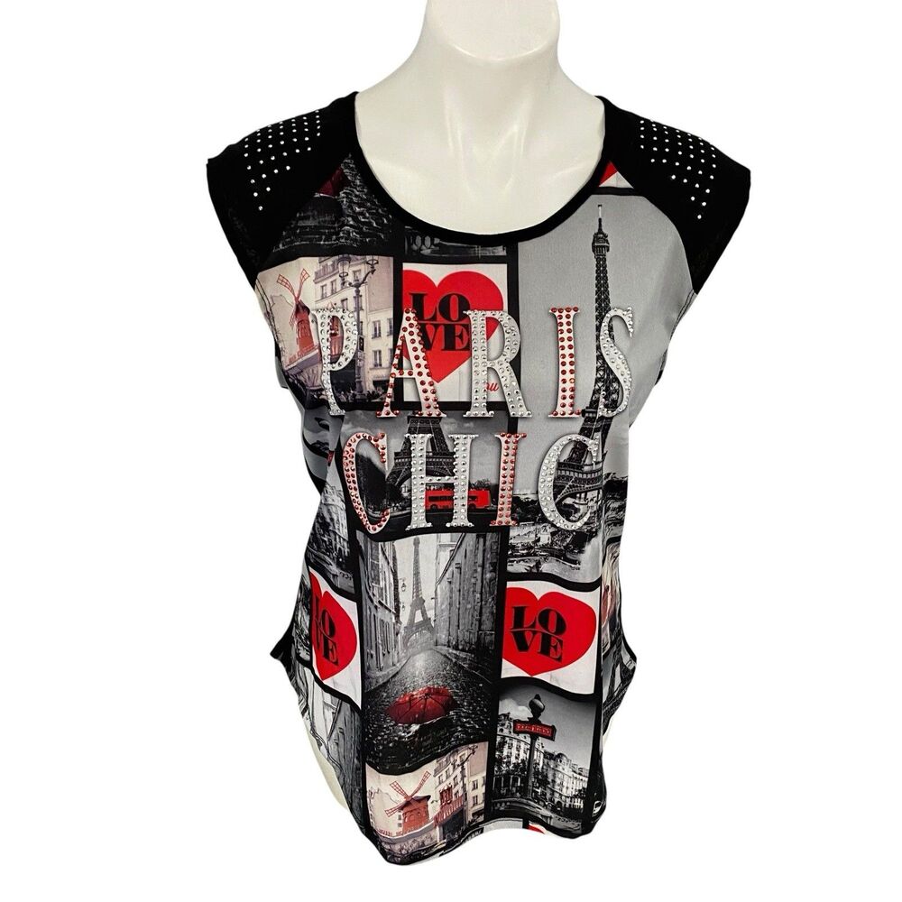 Occasion Top Womens XL Paris Chic Pop Art Collage Print Eiffel Tower Y2k Glitzy - Picture 6 of 10